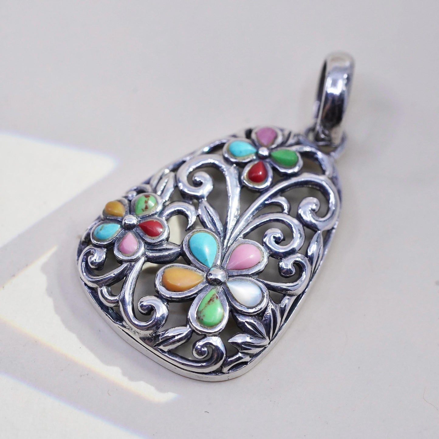 southwestern sterling silver 925 filigree flower pendant turquoise MOP