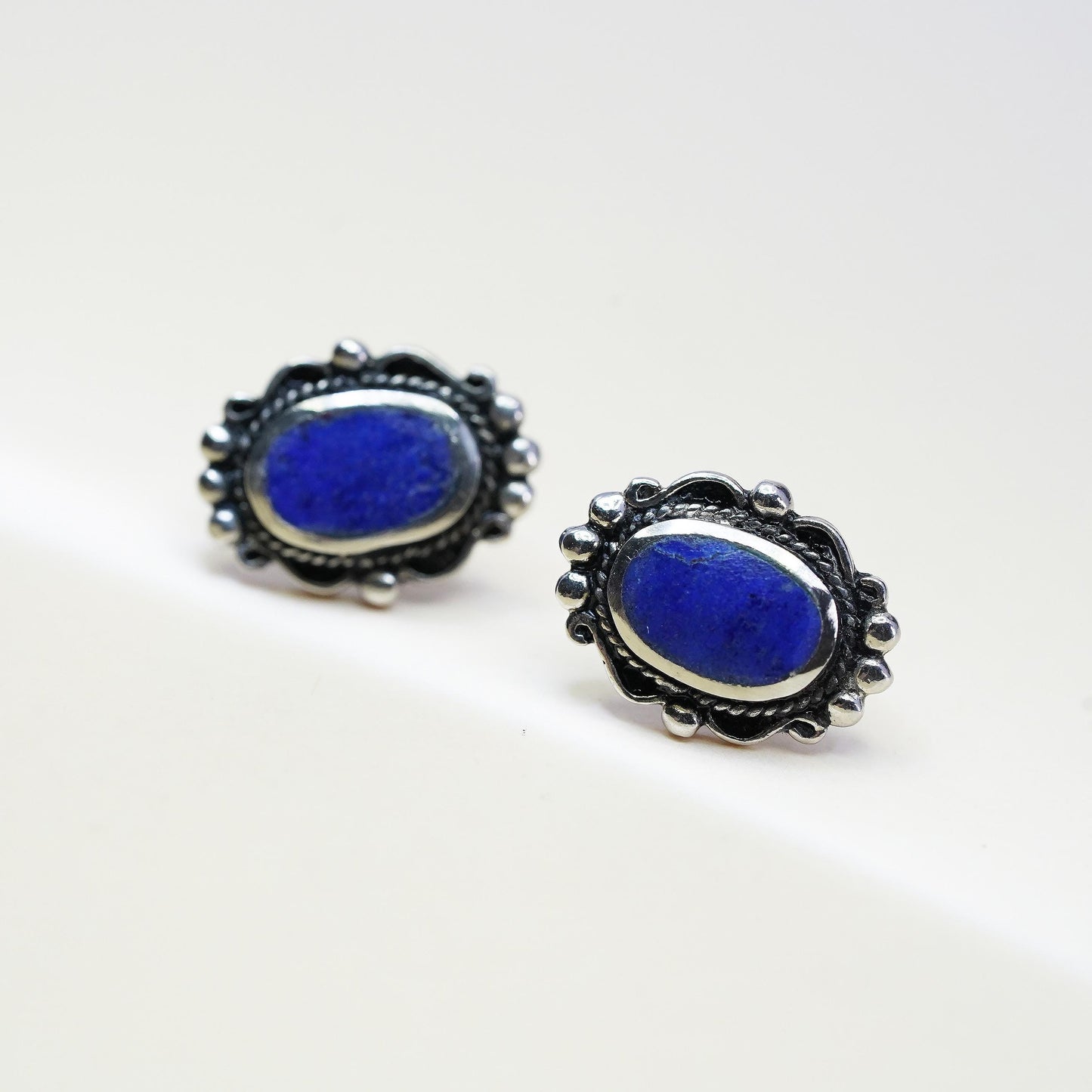 Vintage Sterling silver handmade earrings, 925 studs lapis lazuli and beads
