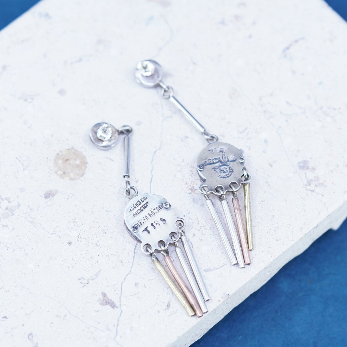 taxco Mexican Sterling silver 925 Piedra Negra dangle inlay earrings fringe