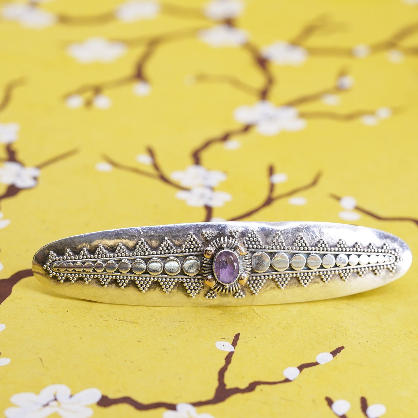 Vintage southwestern Sterling 925 silver Hair Barrette clip with beads amethyst