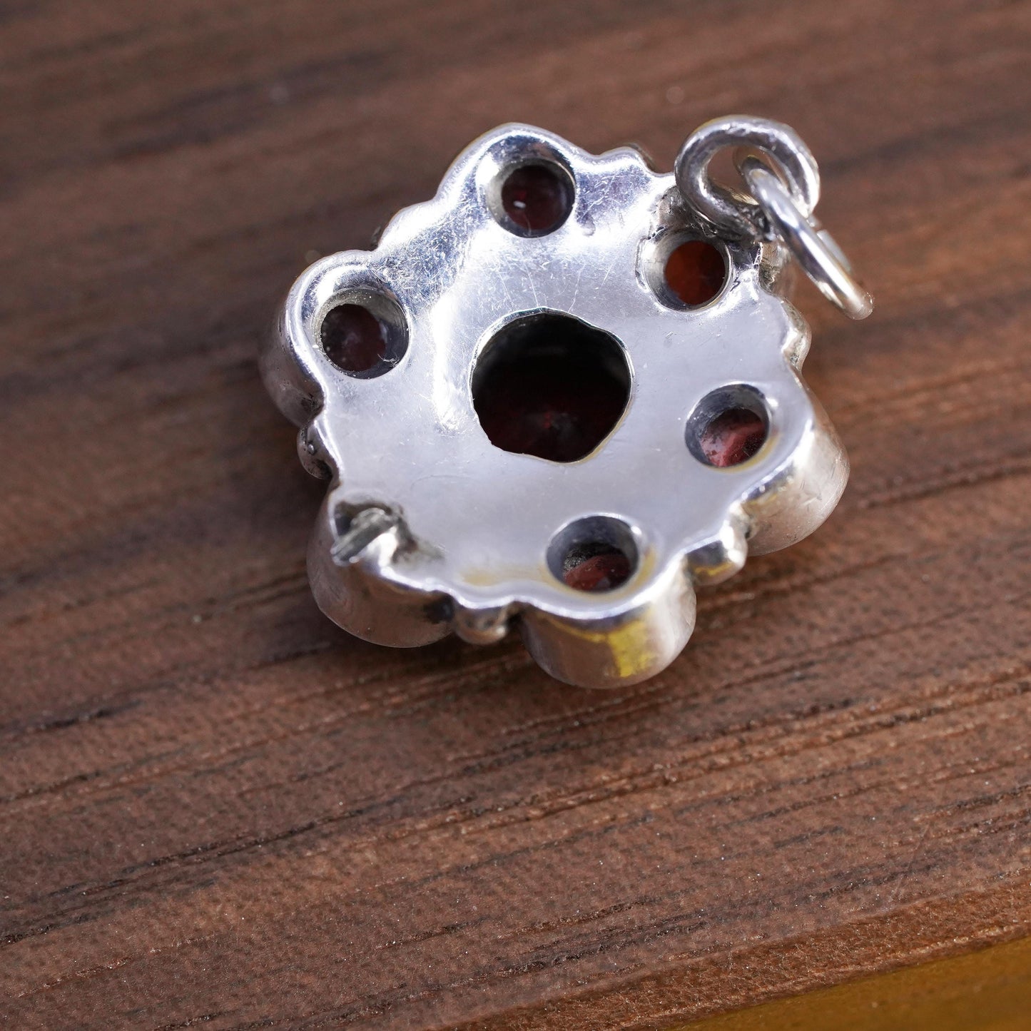 Vintage Sterling silver handmade pendant, 925 silver flower charm with garnet