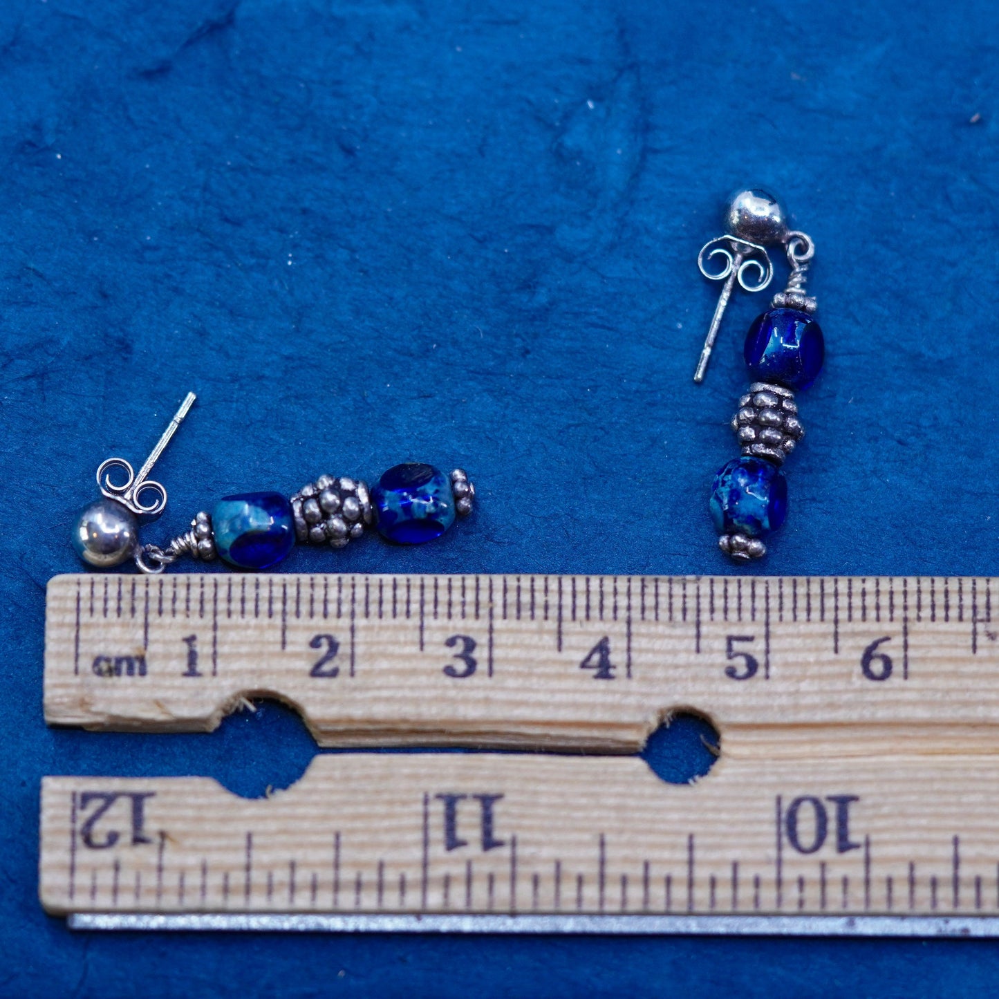 Vintage sterling silver 925 handmade earrings with blue glass beads
