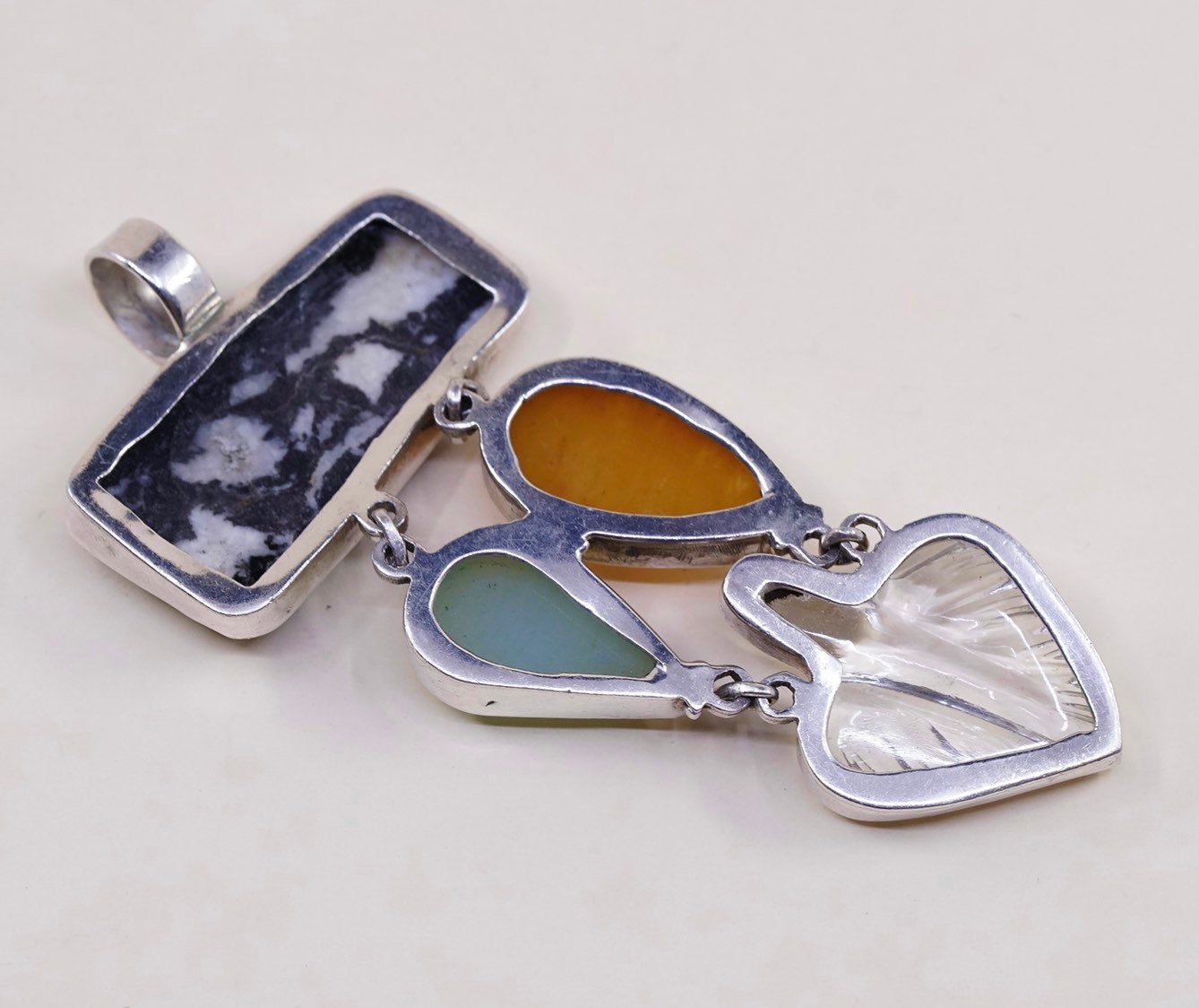 VTG sterling silver handmade pendant, 925 w/ marble, carnelian, jade n crystal