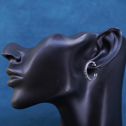 0.75”, vintage Sterling silver handmade earrings, 925 huggie studs w/ marcasite