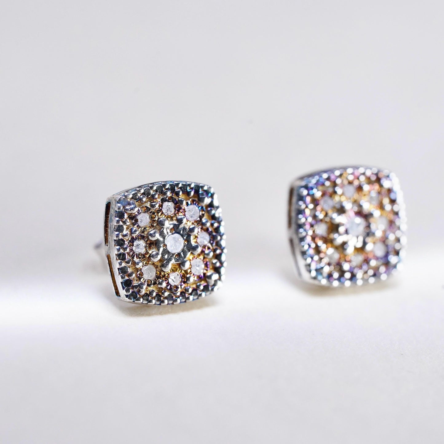 Vintage sterling silver handmade earrings, 925 square shaped studs with diamond