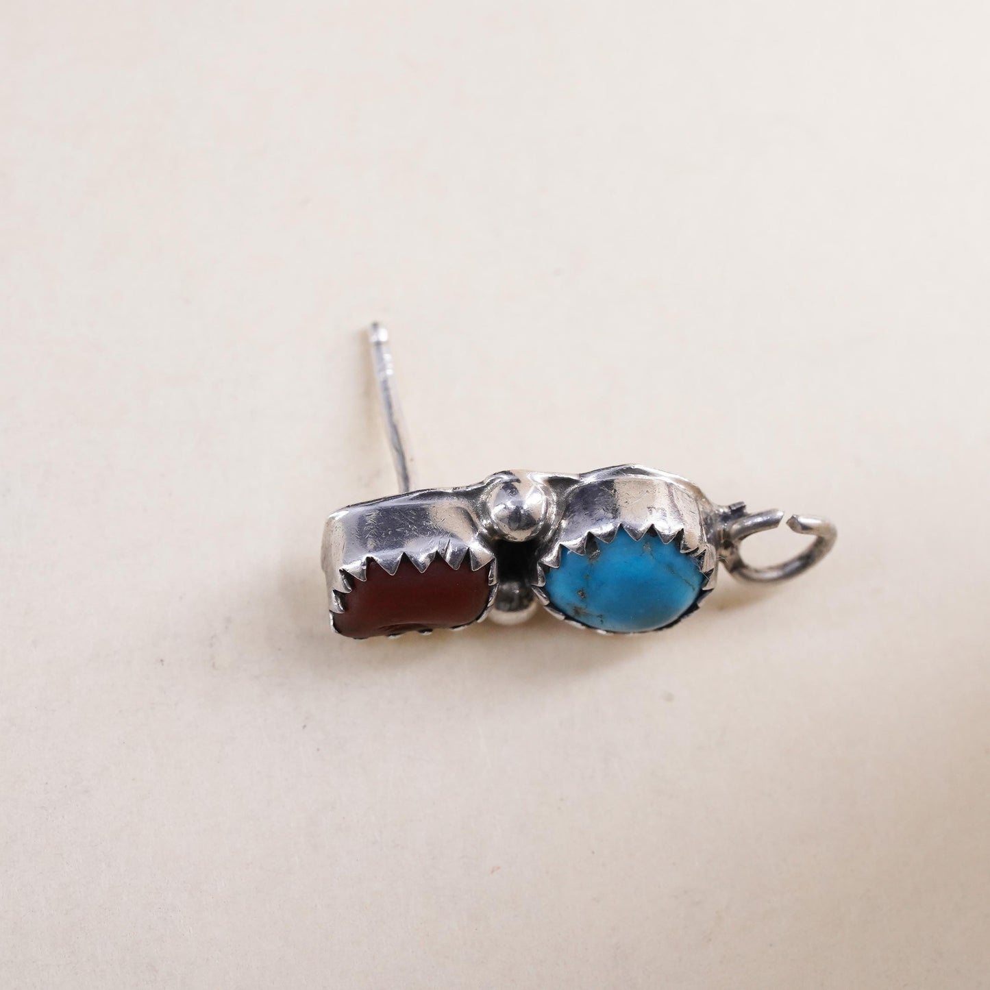 Native American Navajo single earring. Sterling 925 silver teardrop stud coral