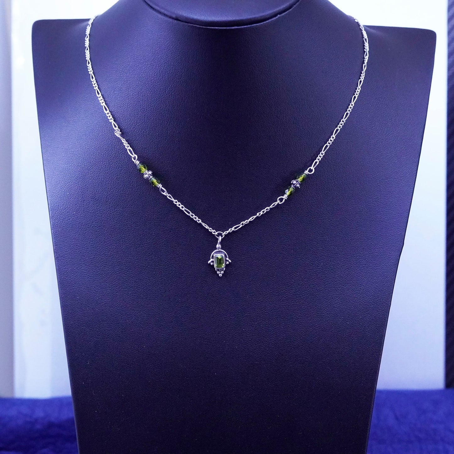 15”, vintage Sterling silver handmade necklace, 925 figaro chain with peridot