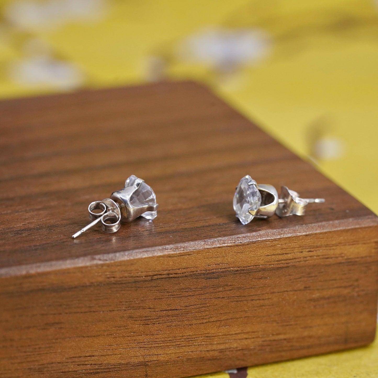 6mm, vintage Sterling silver clear square crystal studs, cz earrings