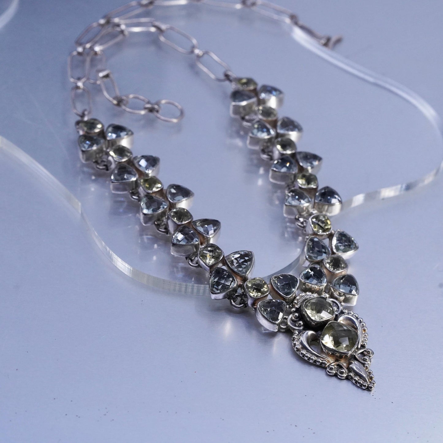 18”, Sterling 925 silver elongated chain necklace Prasiolite amethyst beads