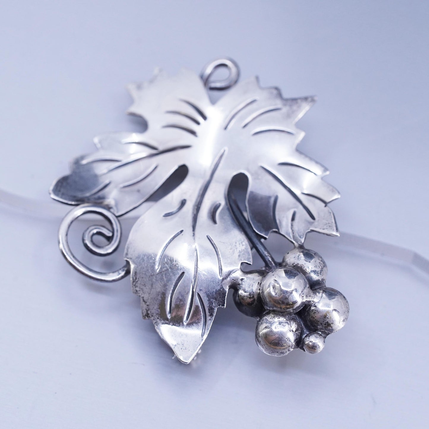 Vintage Mexican sterling silver handmade brooch, 925 grape leaf pin