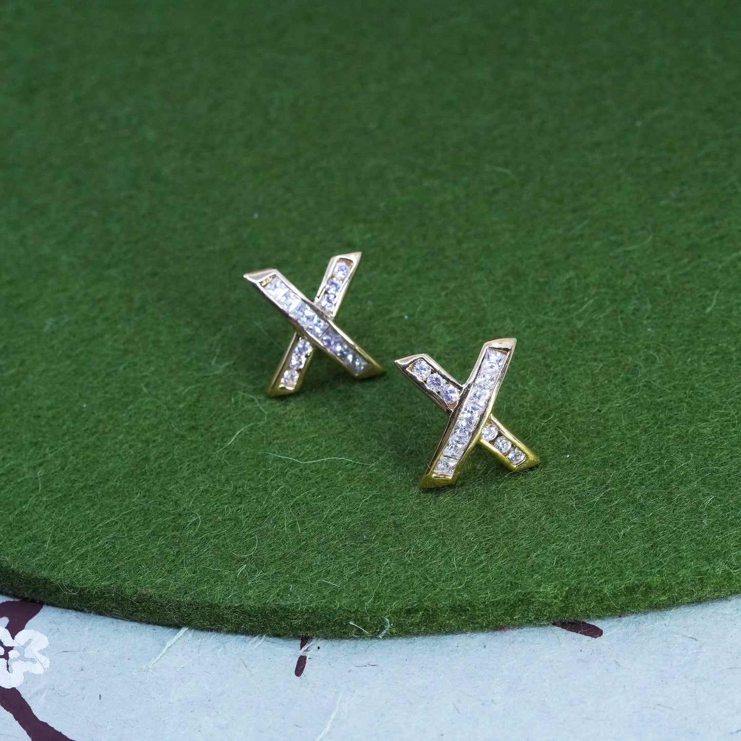 Vintage vermeil gold over sterling 925 silver cross X studs, earrings with cz
