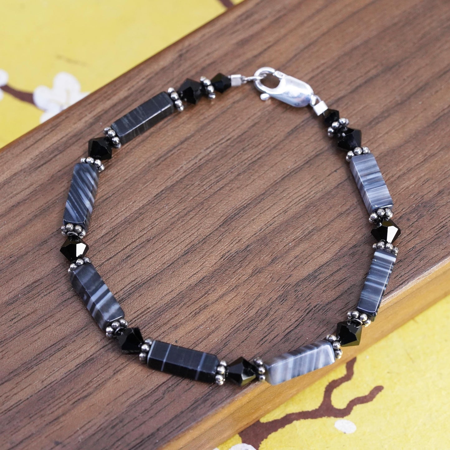 7”, Vintage Sterling 925 silver handmade bracelet, chain with agate tube