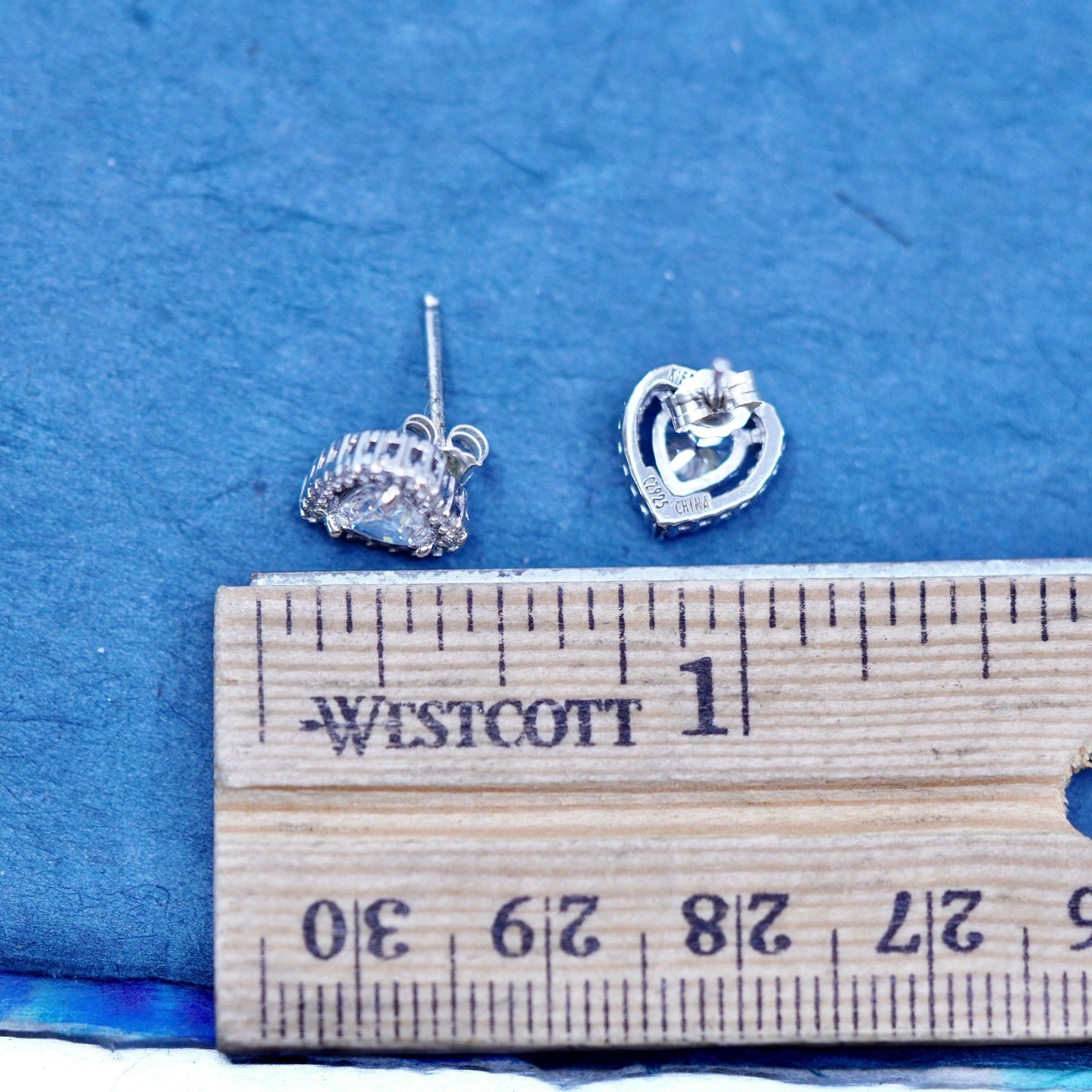 Vintage sterling silver handmade earrings, 925 heart studs with CZ inlay