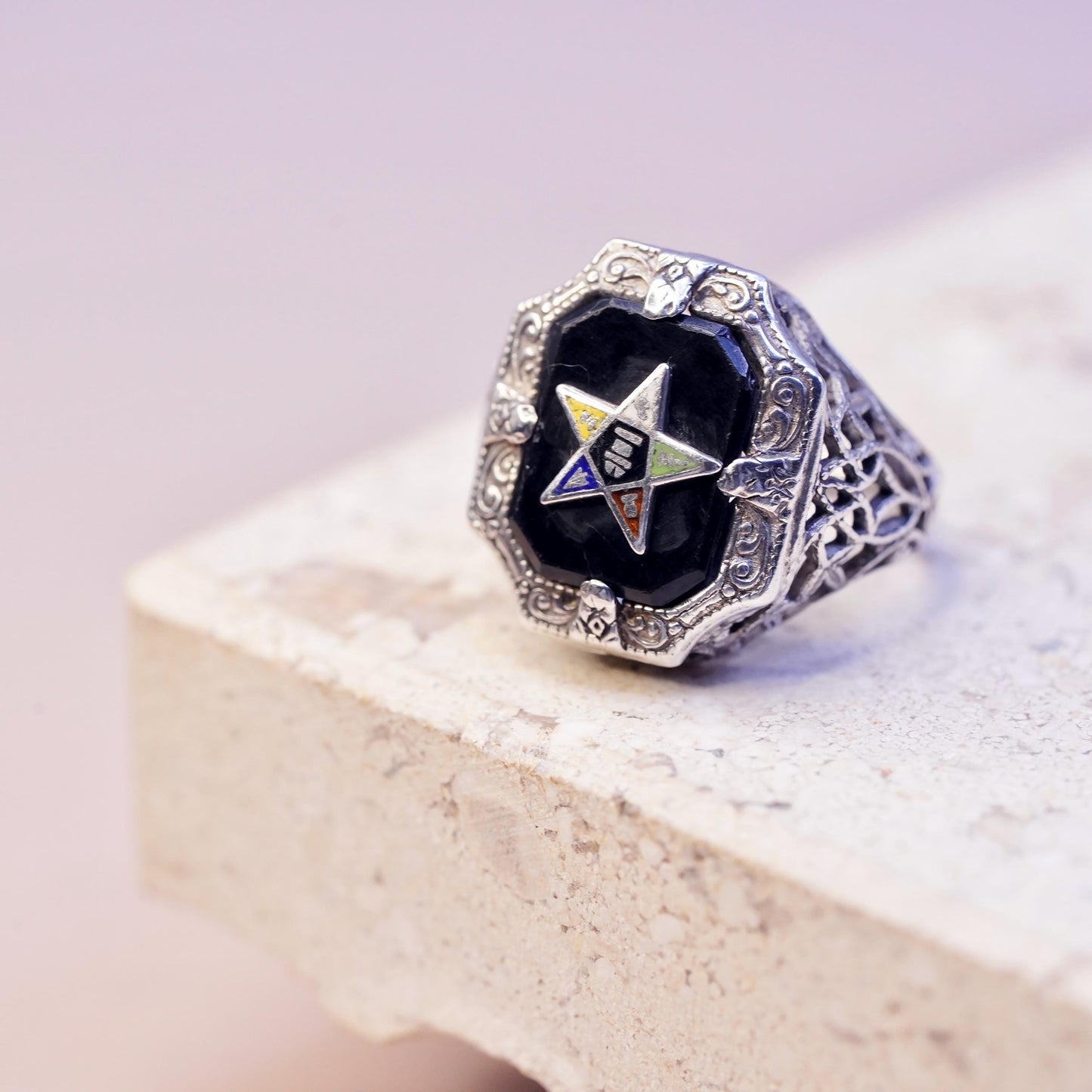 Size 2, Antique Sterling 925 Silver Onyx Ring Enamel Star, Gothic Occult Ring