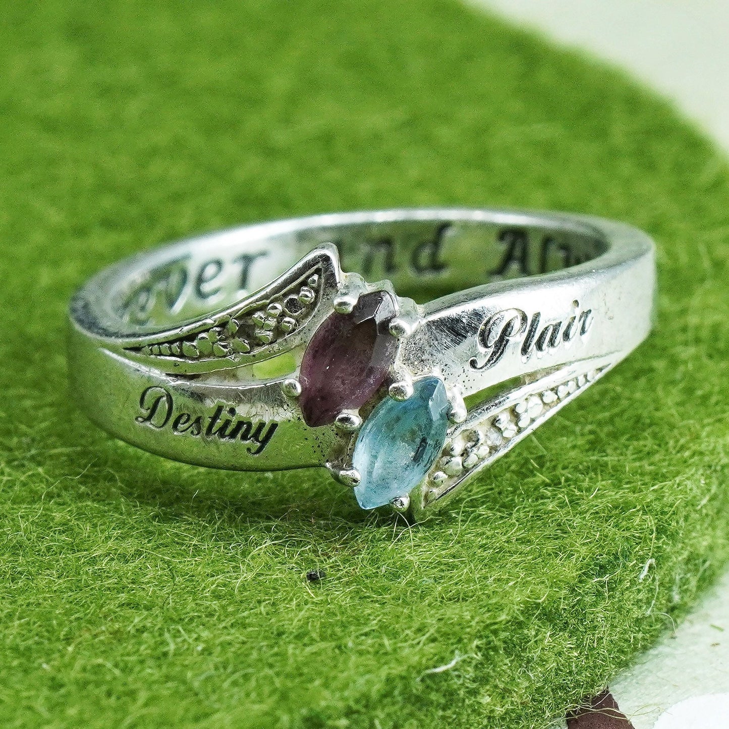 Size 8.25, Sterling 925 silver ring w/ ruby blue topaz engraved forever always