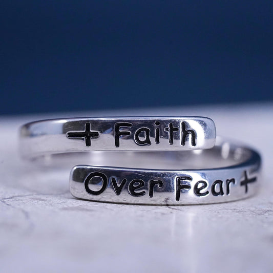 Size 7.5, Sterling silver ring, 925 wrap band engraved quote “faith over fear