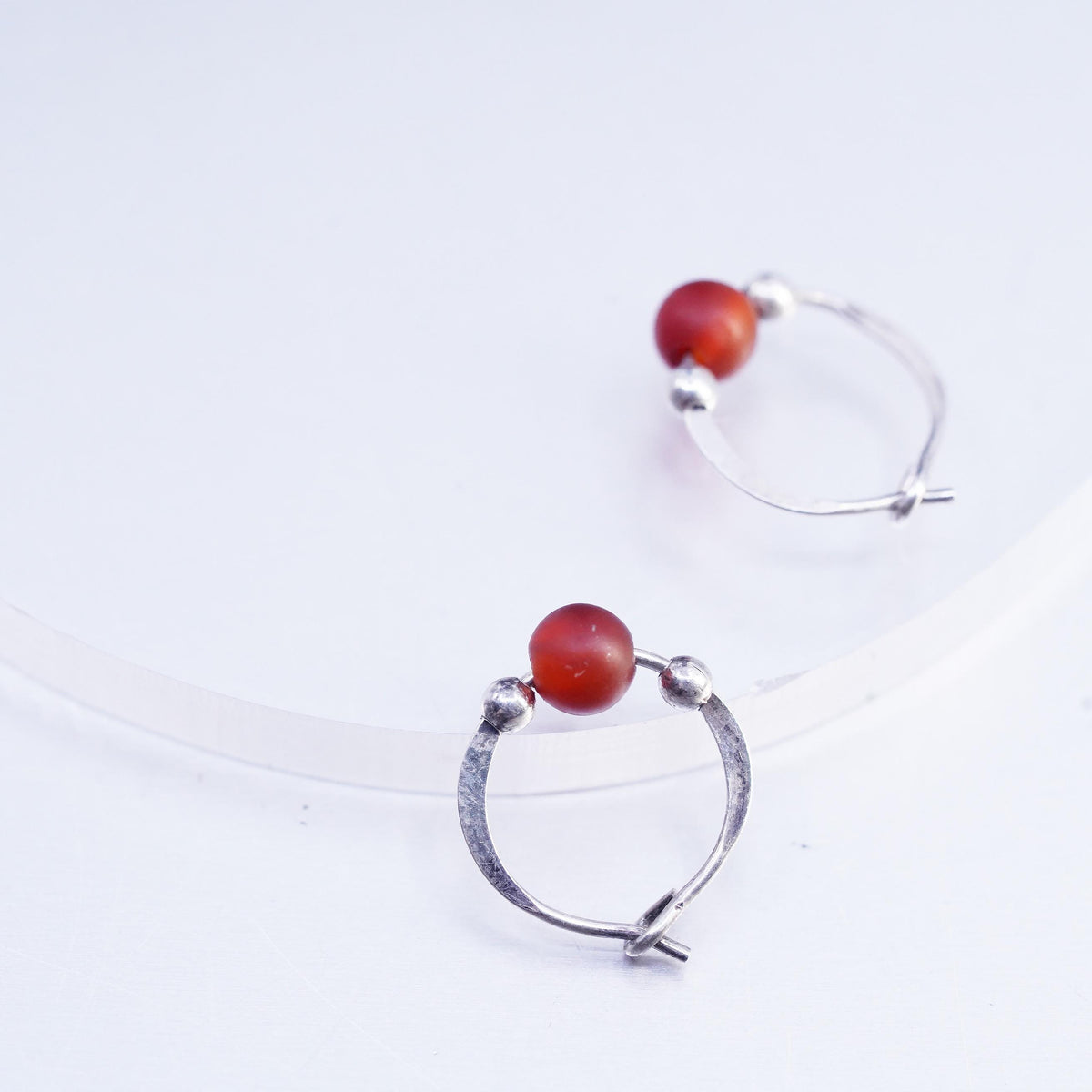 10mm, vintage Sterling silver handmade earrings, 925 Huggie hoops amber bead