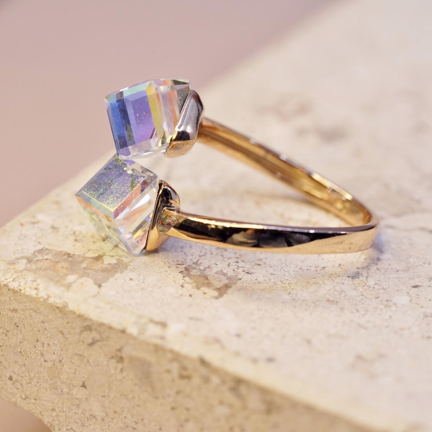 Size adjustable, gold plated sterling 925 silver wrap ring ab crystal cube ends