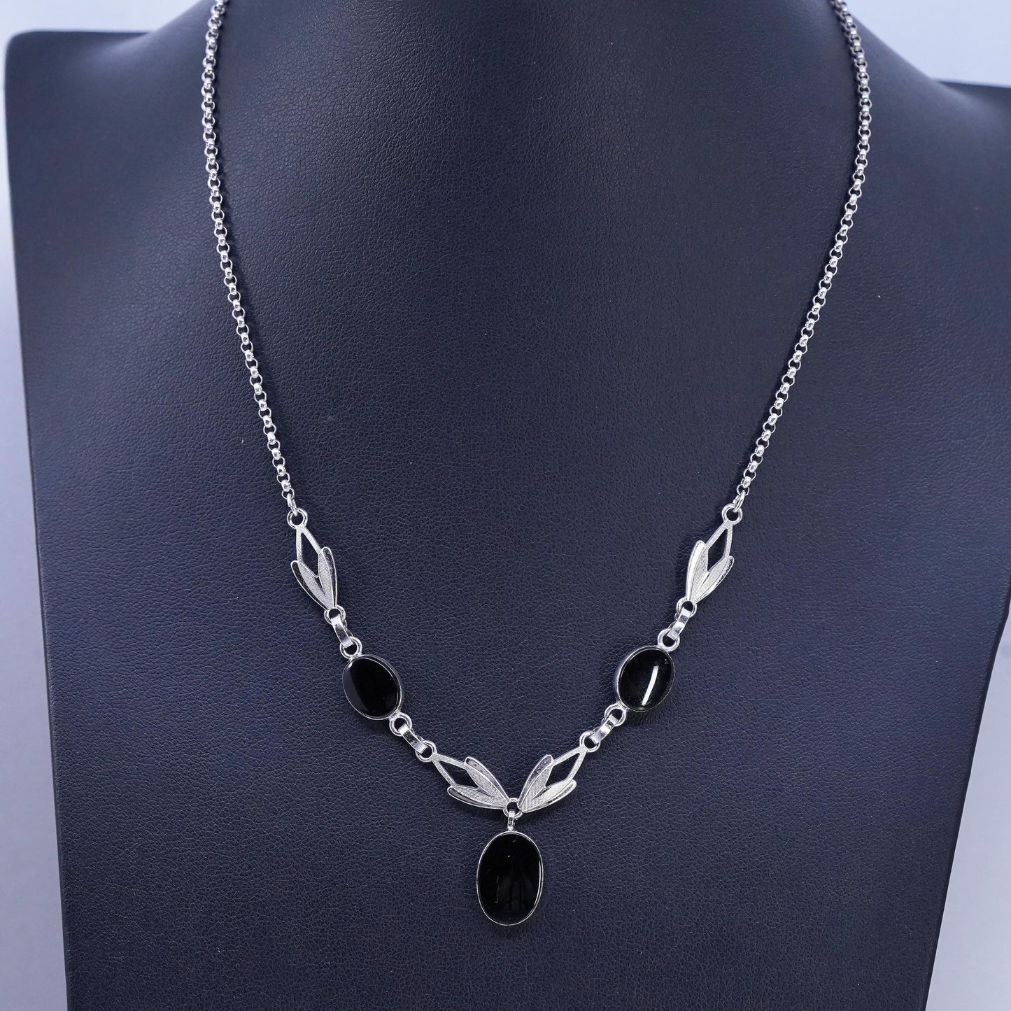 16”, vintage Sterling 925 silver handmade circle chain necklace onyx pendant