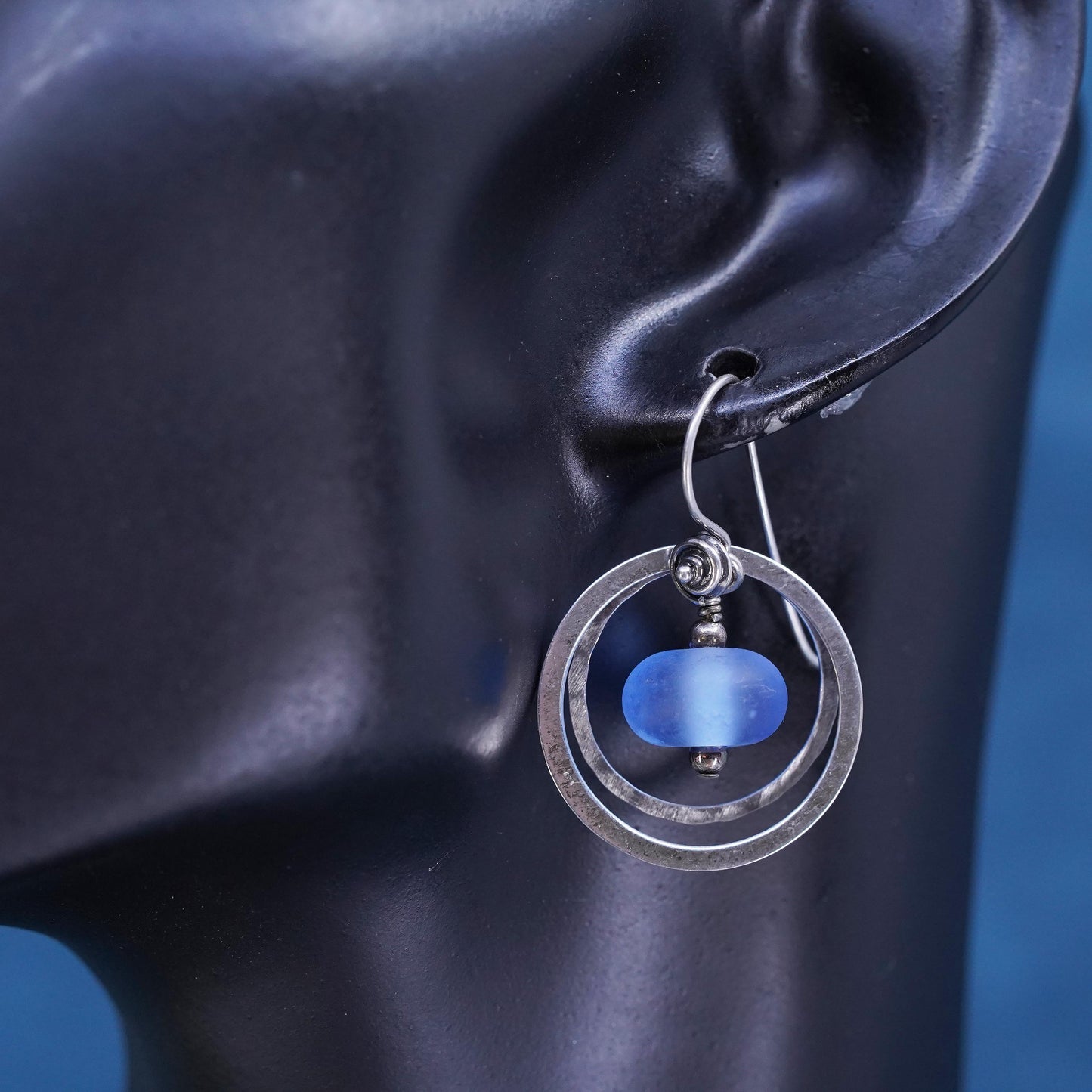 Vintage Sterling 925 silver handmade double circle earrings w/ blue glass bead