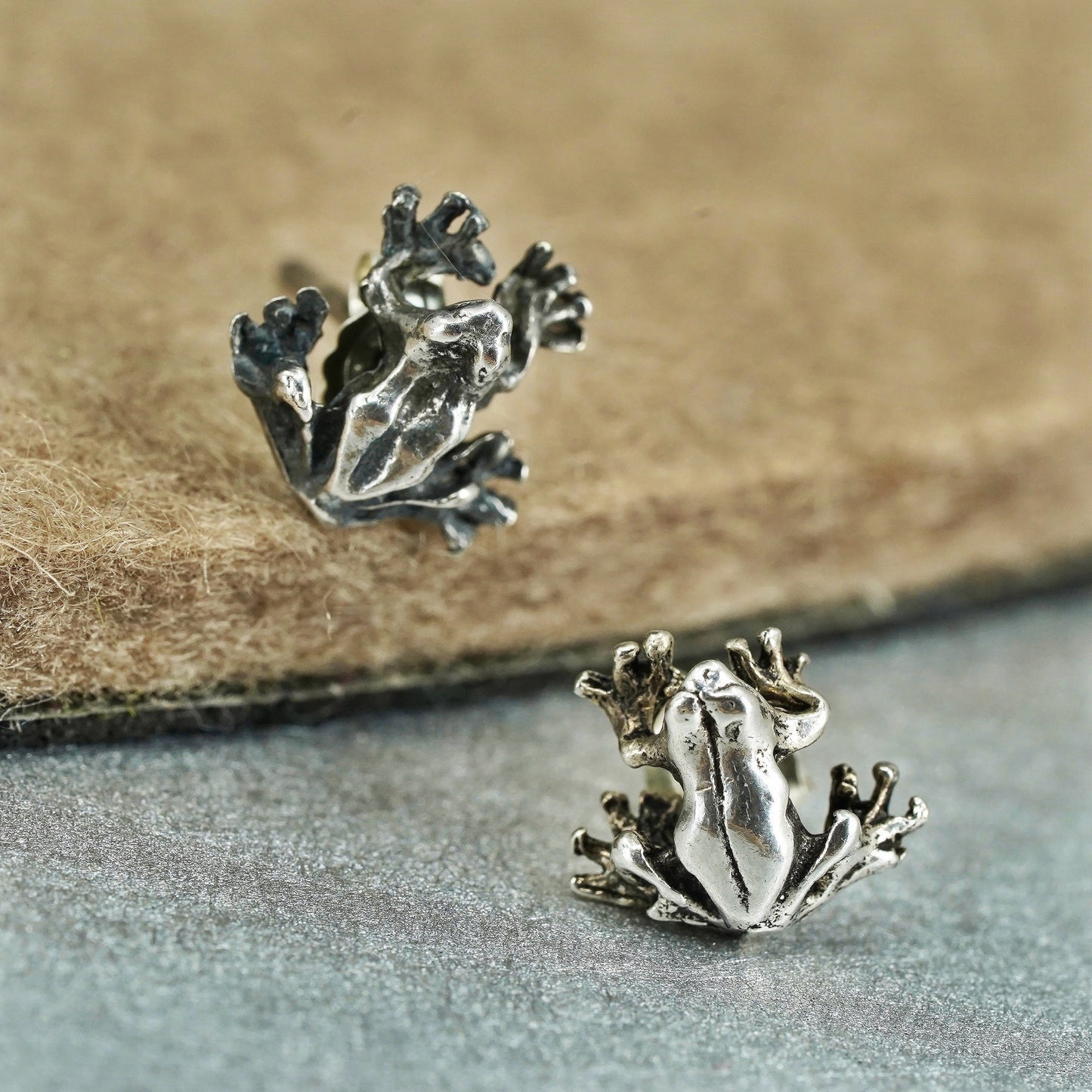 Vintage Sterling 925 silver handmade earrings, frog studs