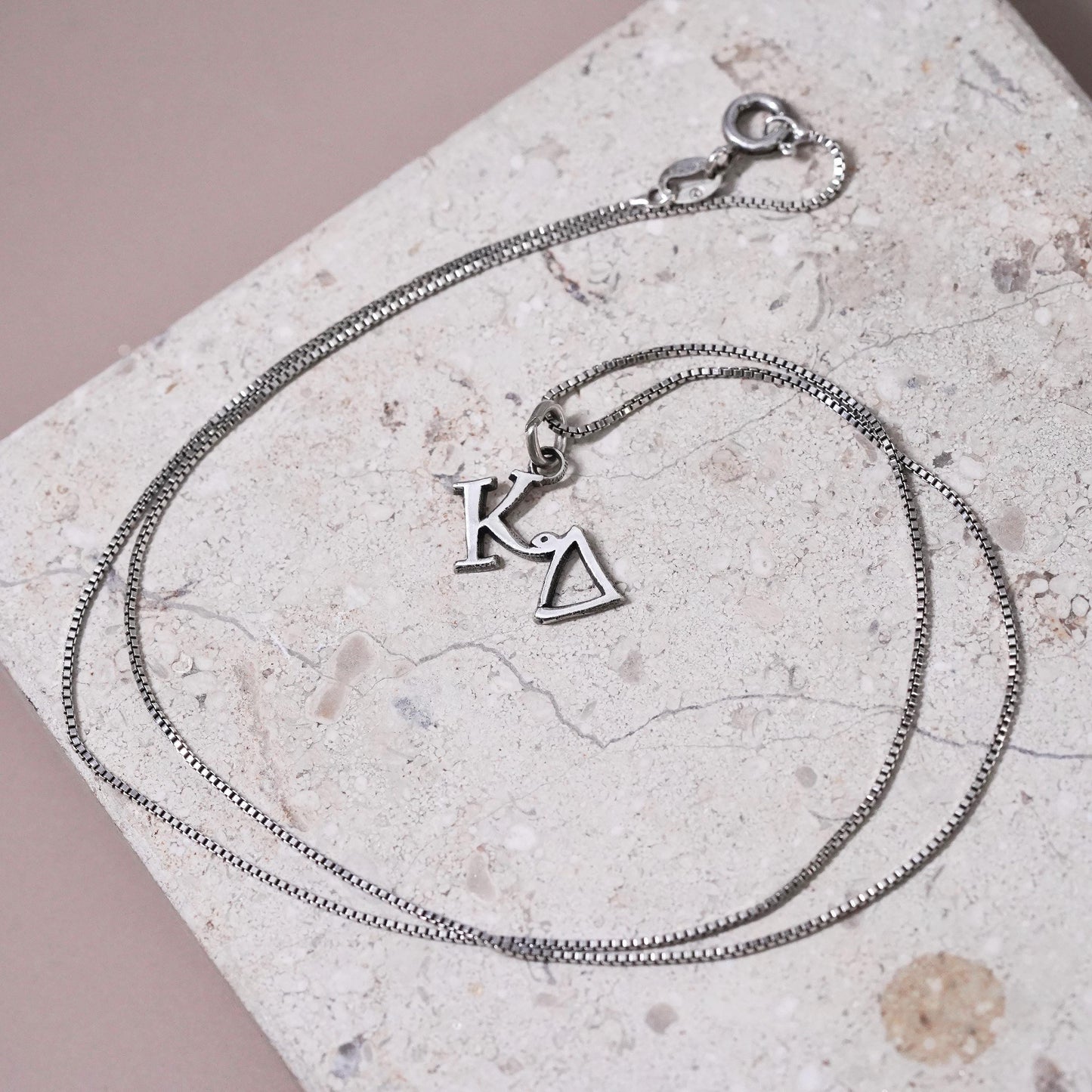 18", Sterling silver necklace, 925 box chain Greek letter Kappa Delta pendant