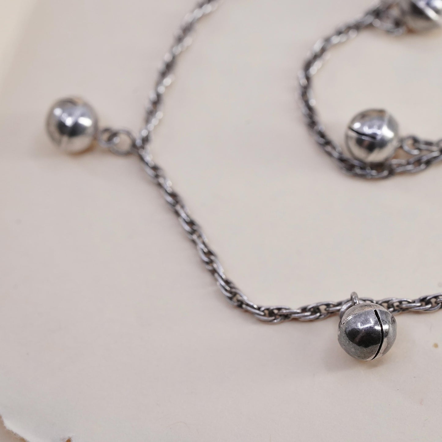 10.75”, sterling silver anklet bracelet, 925 Singapore rope bell chime charms