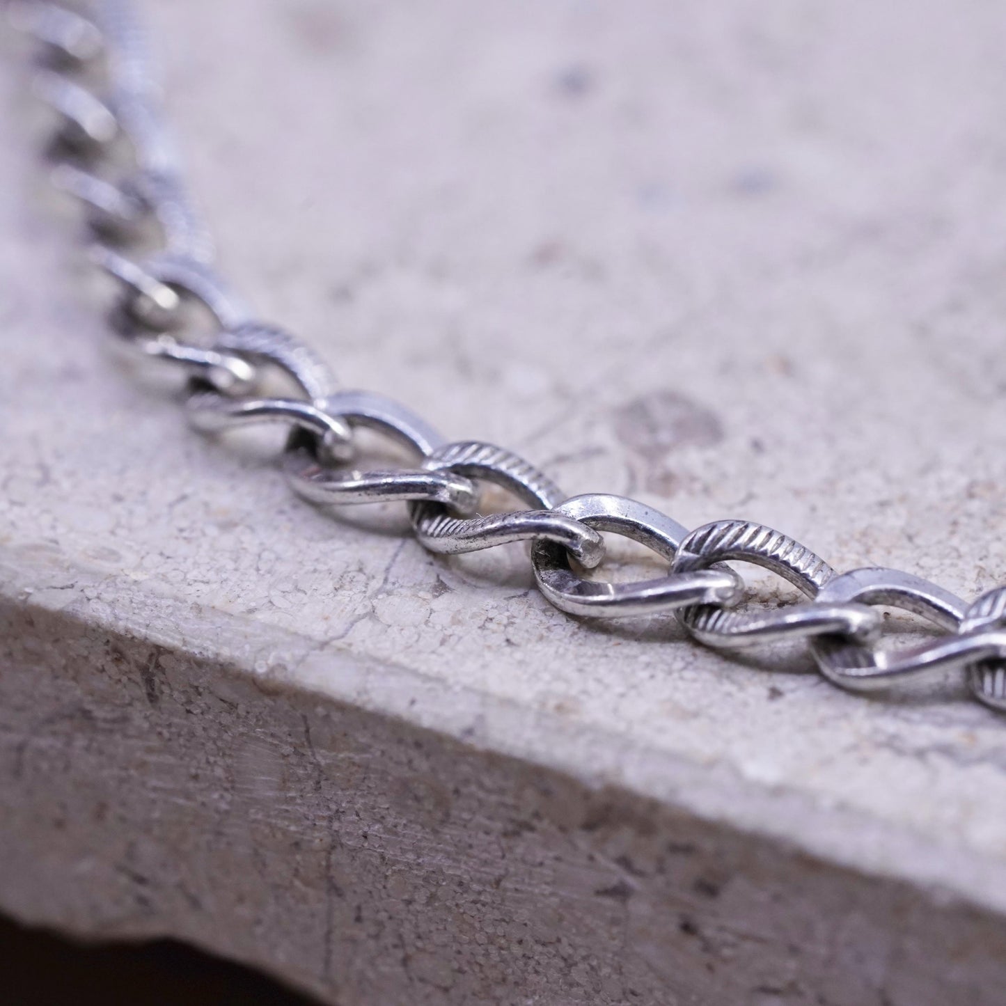 6.75”, vintage Sterling silver handmade bracelet, textured 925 curb link chain