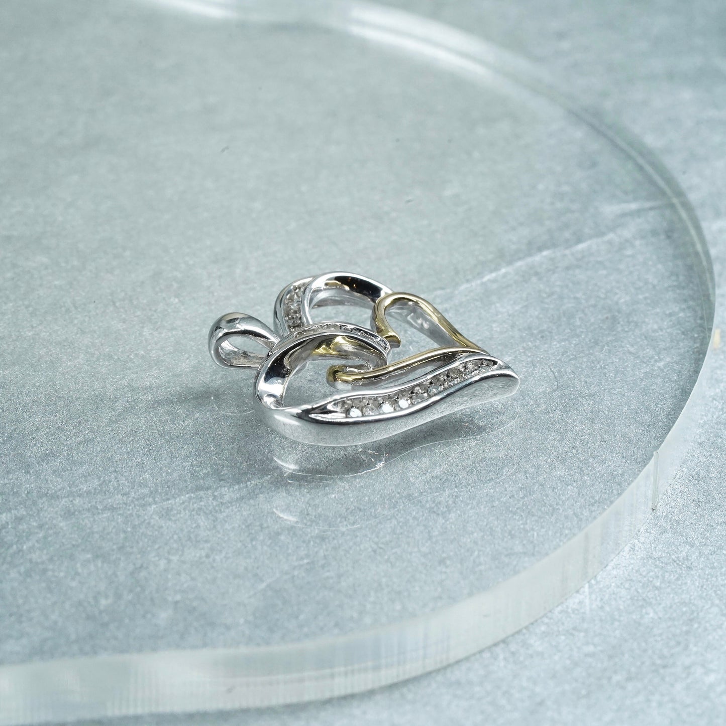 two tone sterling 925 silver double heart pendant with diamond 10K yellow gold