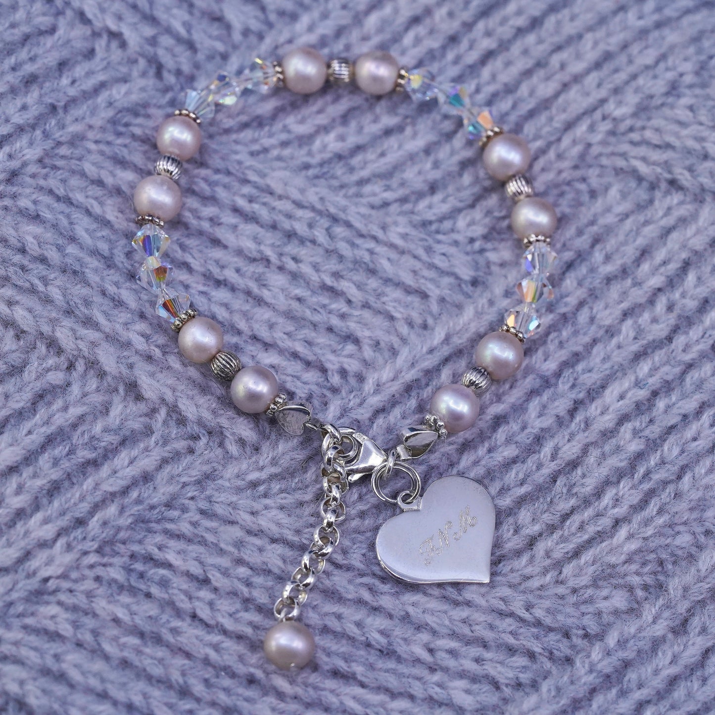 6+1", vintage Judith Jack Sterling 925 silver bracelet with pearl heart charm