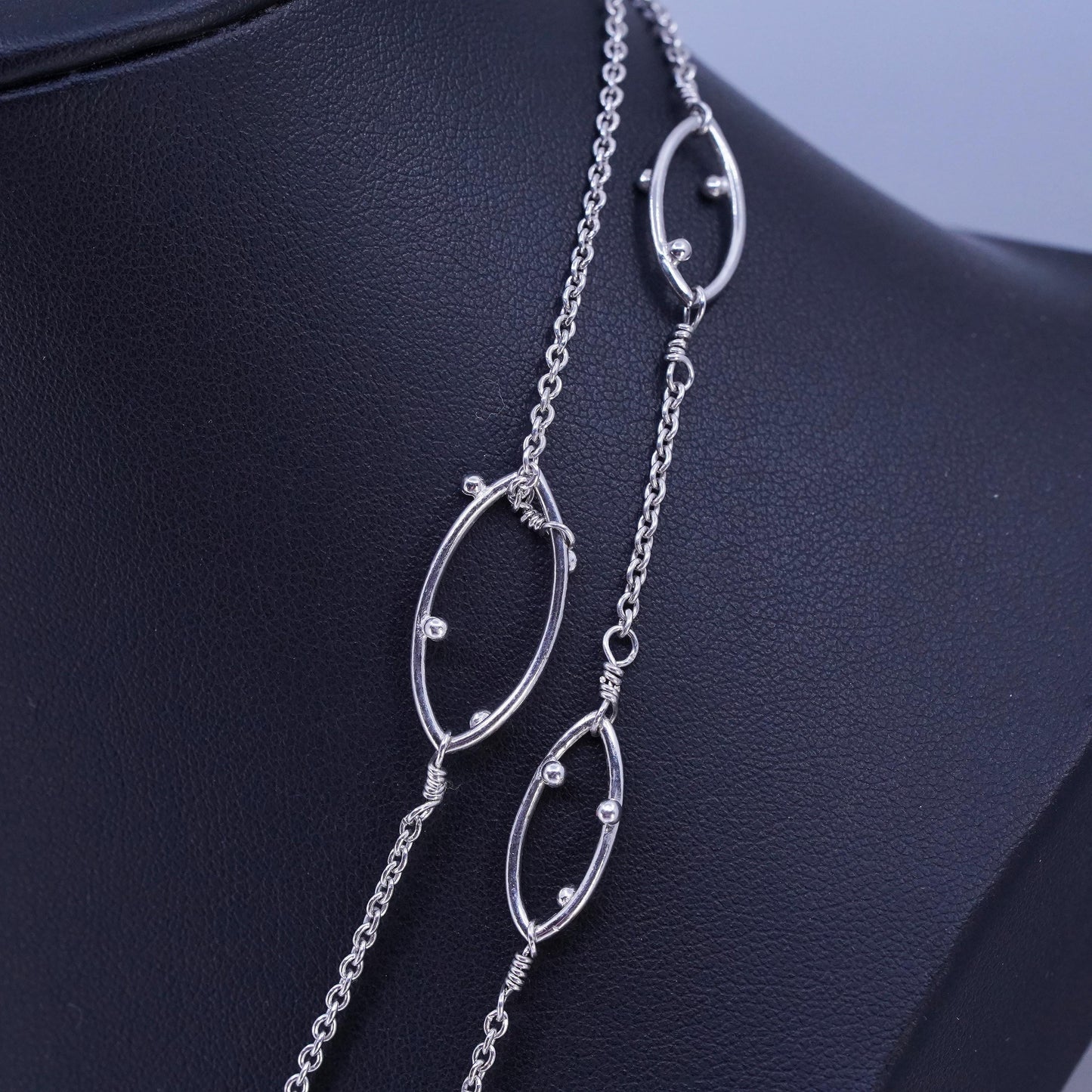 36+2", vintage Sterling 925 silver extra long circle necklace marquise beaded