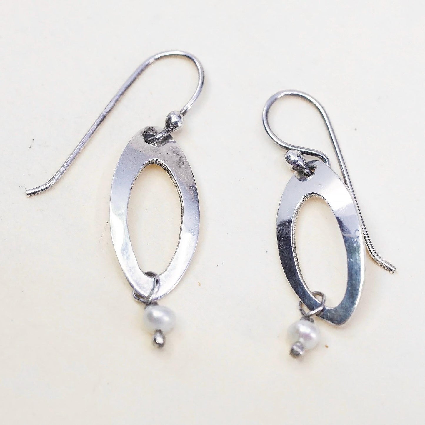 Vintage sterling 925 silver handmade marquise shaped earrings w/ pearl dangles
