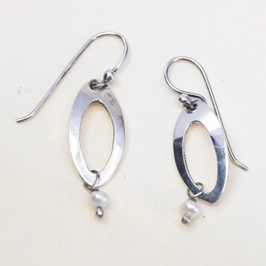 Vintage sterling 925 silver handmade marquise shaped earrings w/ pearl dangles
