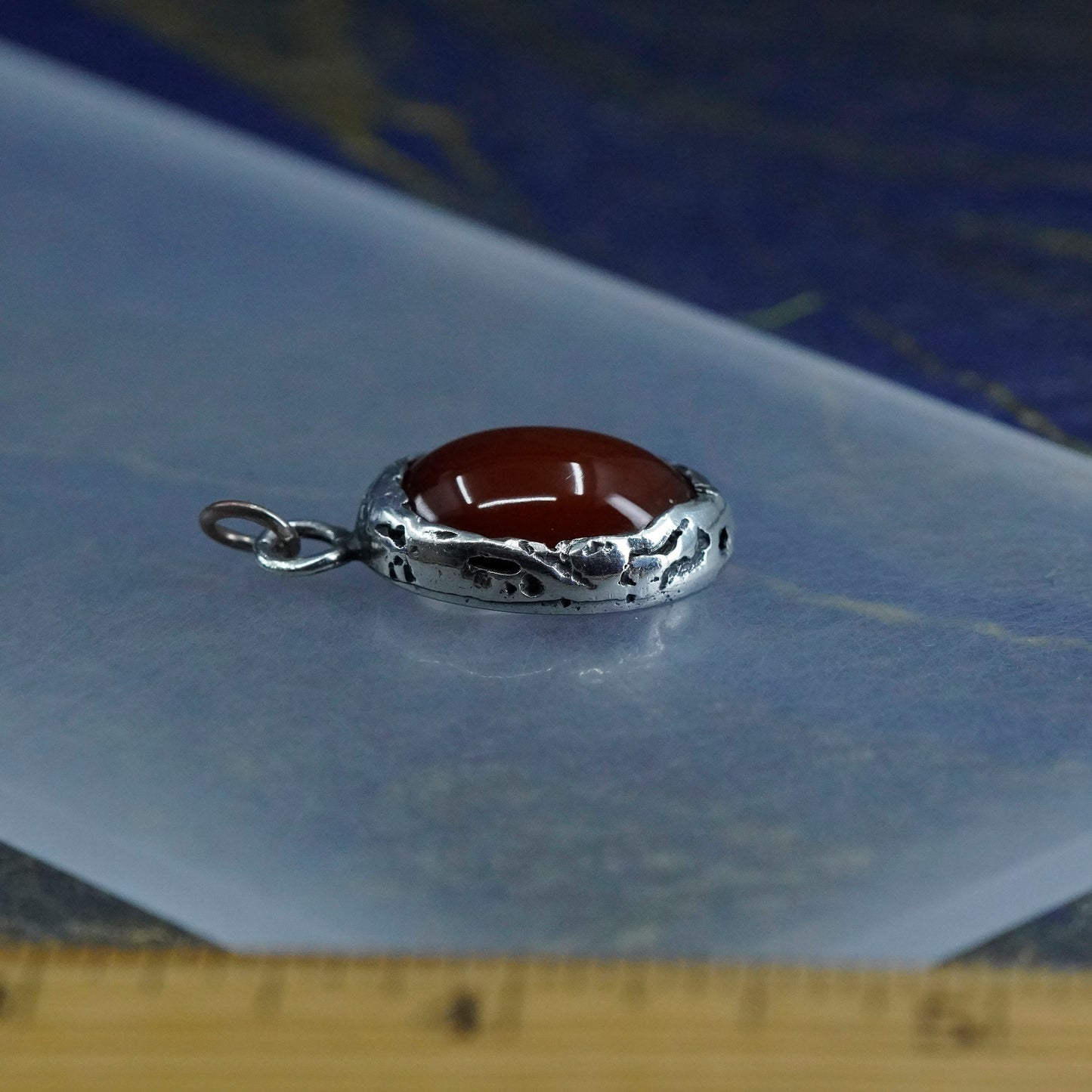 Vintage sterling silver handmade textured pendant with carnelian