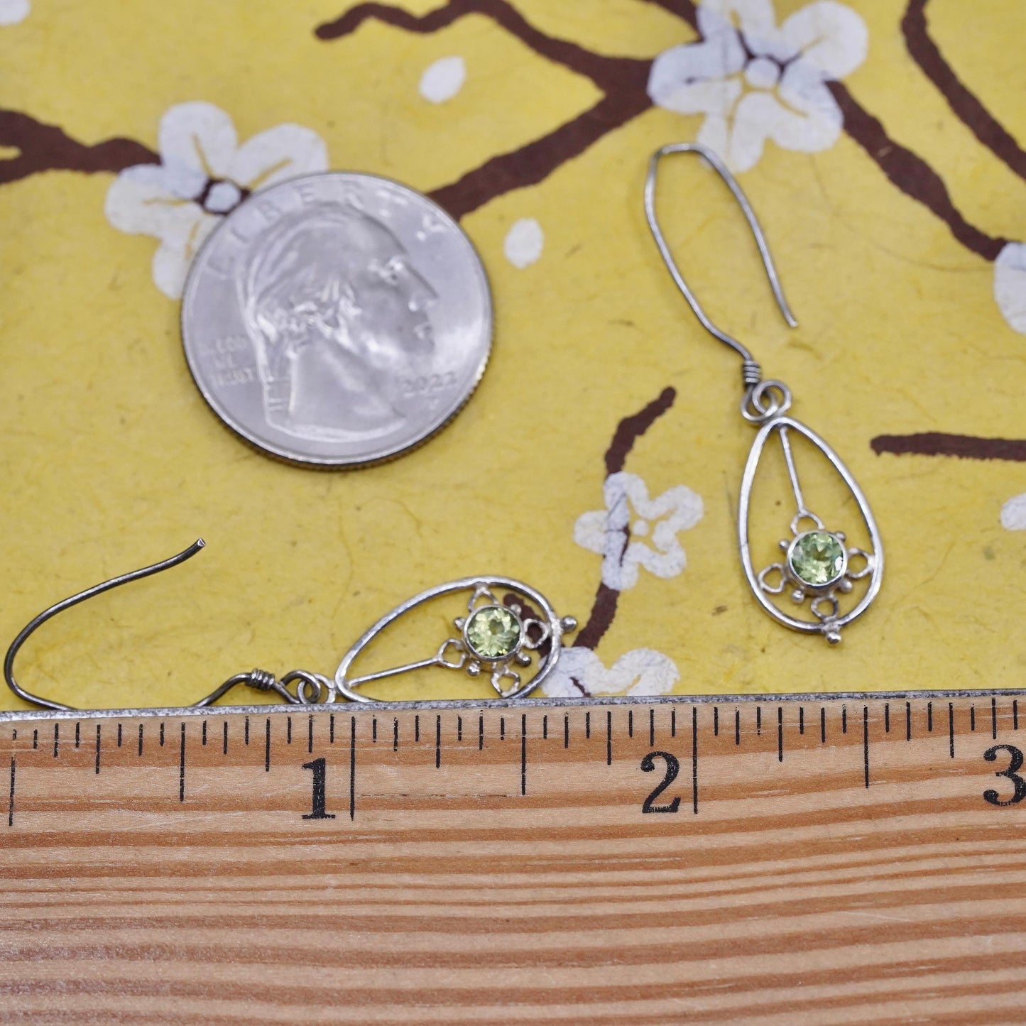 Vintage Sterling silver handmade earrings, 925 teardrop with peridot