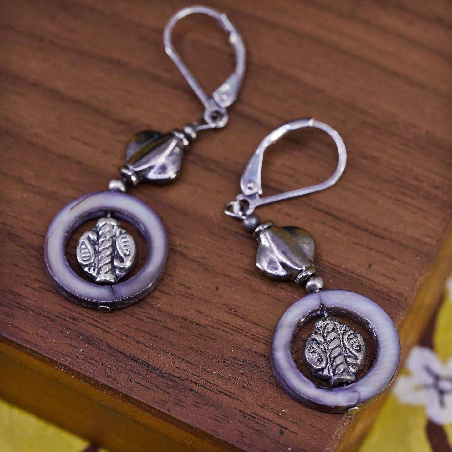 Vintage Sterling 925 silver handmade earrings with abalone circle dangles
