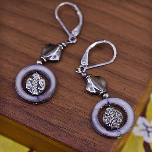 Vintage Sterling 925 silver handmade earrings with abalone circle dangles