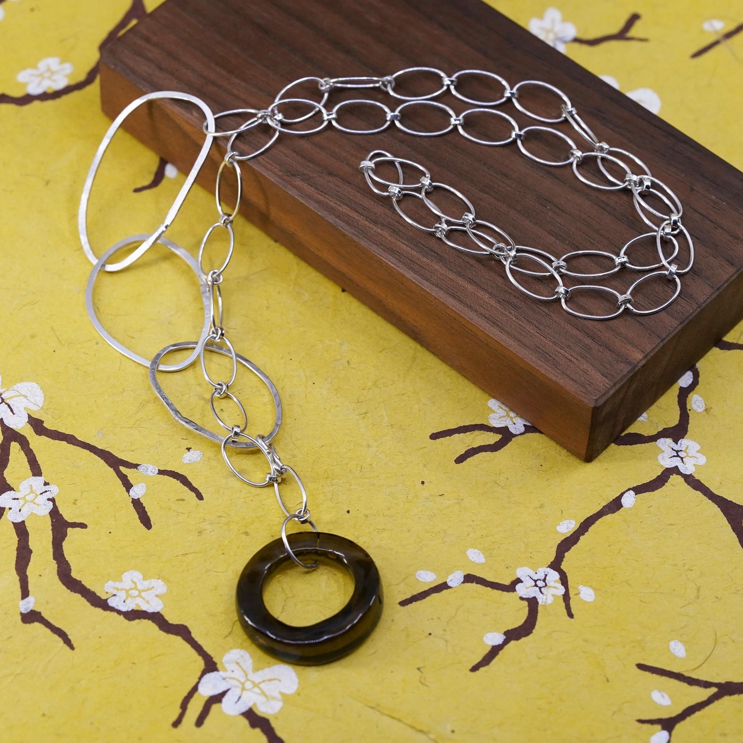 24", Sterling silver sweater necklace, 925 oval chain yellow glass pendant