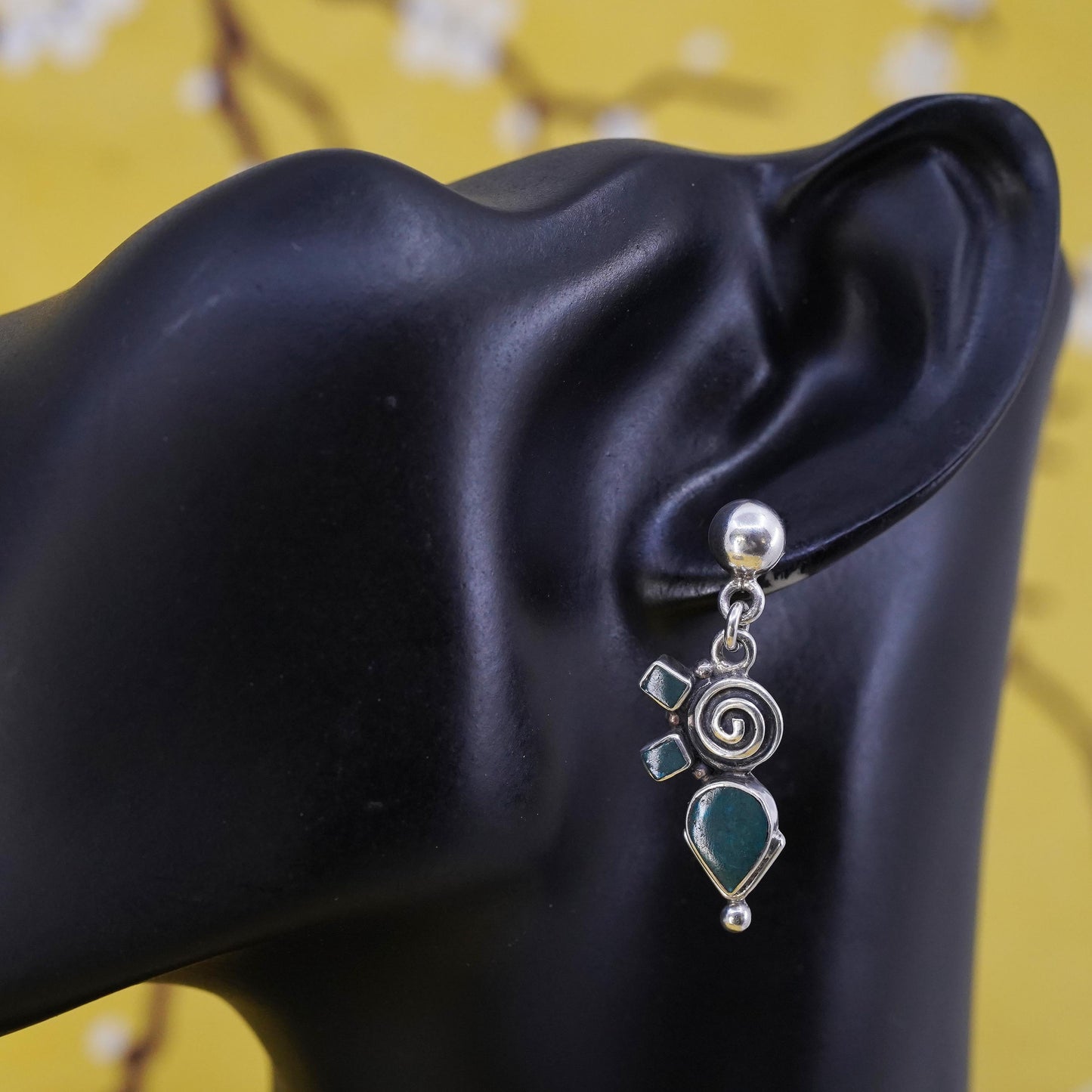 Peruvian Sterling silver spiral earrings, Inca chakra 950 teardrop dangles
