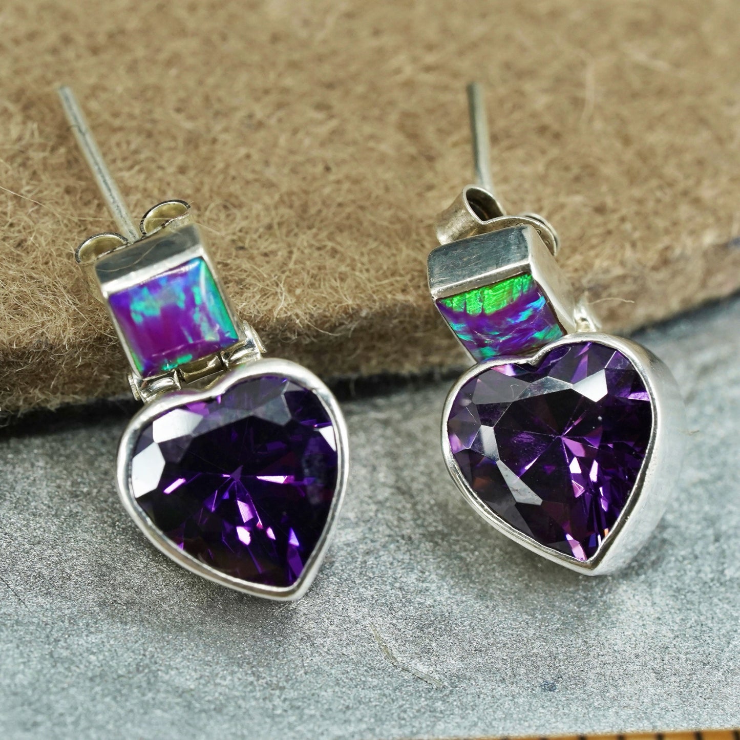 Vintage jewelry | Sterling 925 silver earrings with heart amethyst and opal