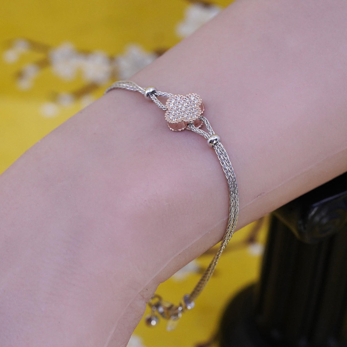 7.25”, Dyadema Italian sterling silver 925 wheat bracelet CZ lucky clever charm