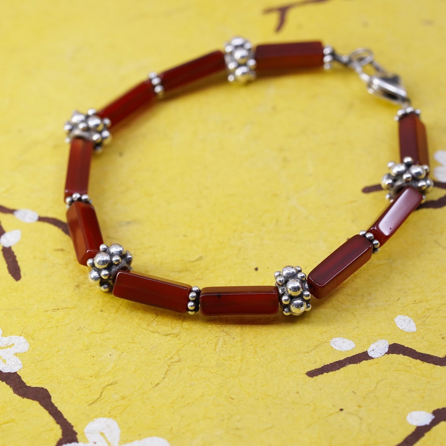 6.75”, Vintage sterling 925 silver handmade bracelet with carnelian tube beads