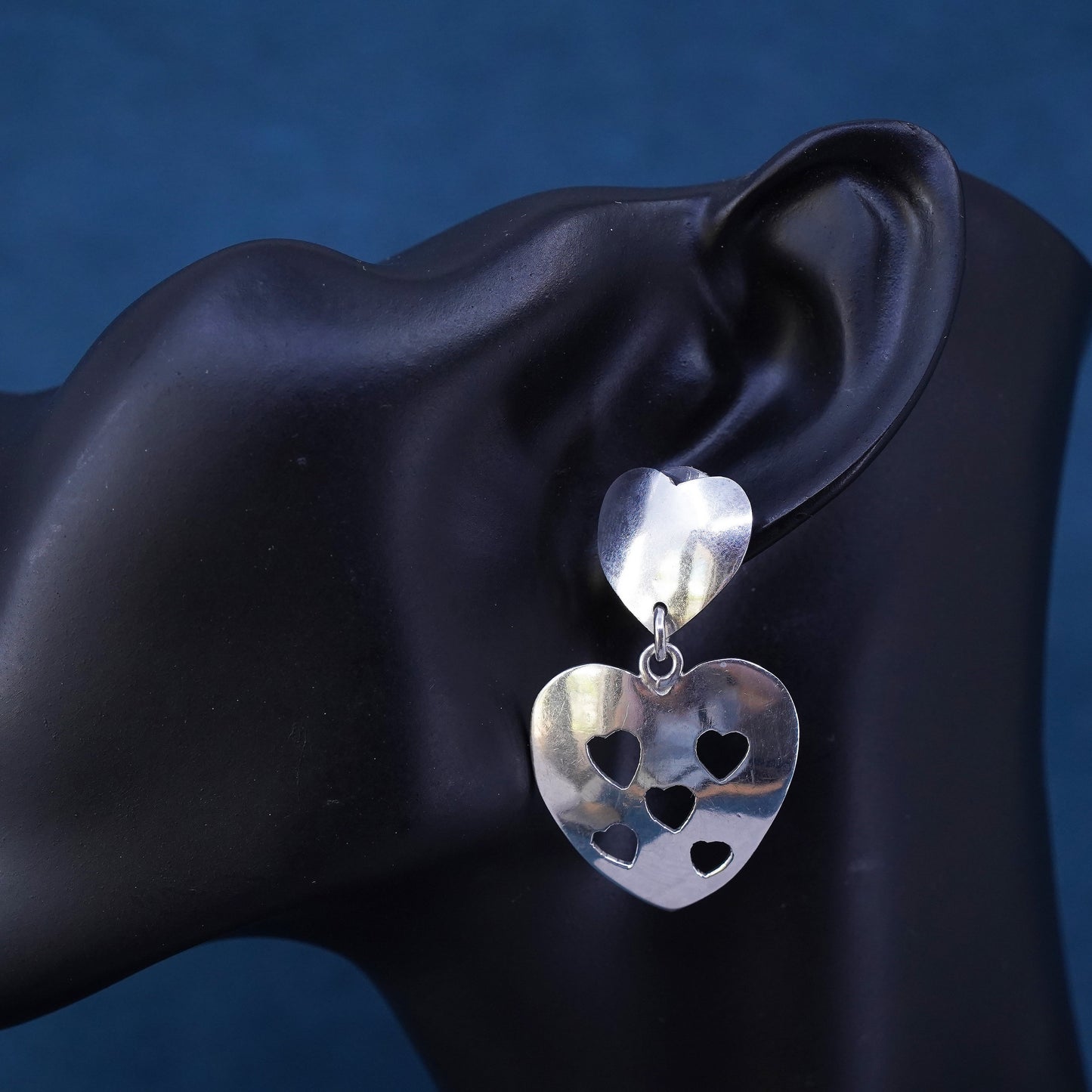 Mexican Sterling silver handmade earrings, 925 heart dangles with heart cut out