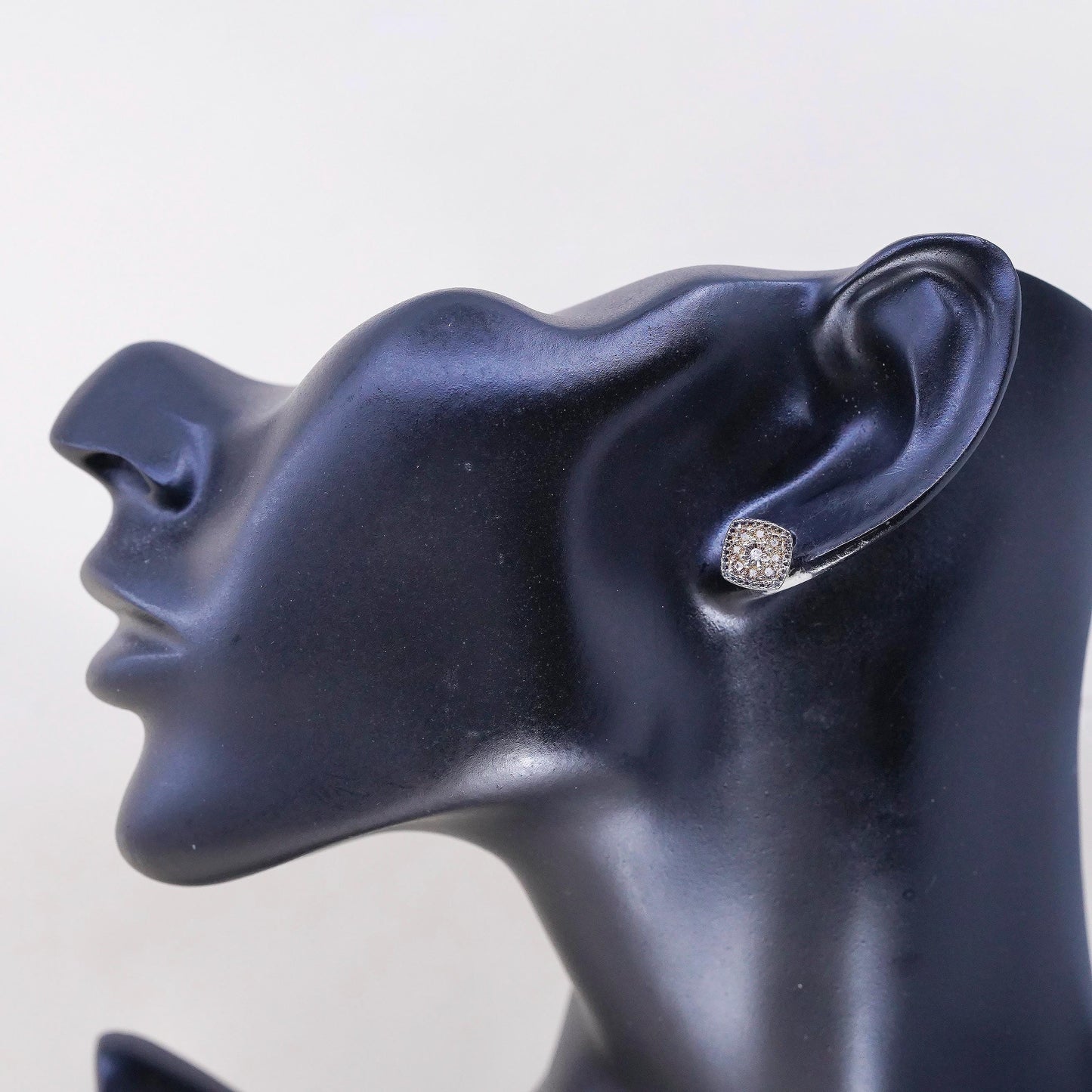Vintage sterling silver handmade earrings, 925 square shaped studs with diamond