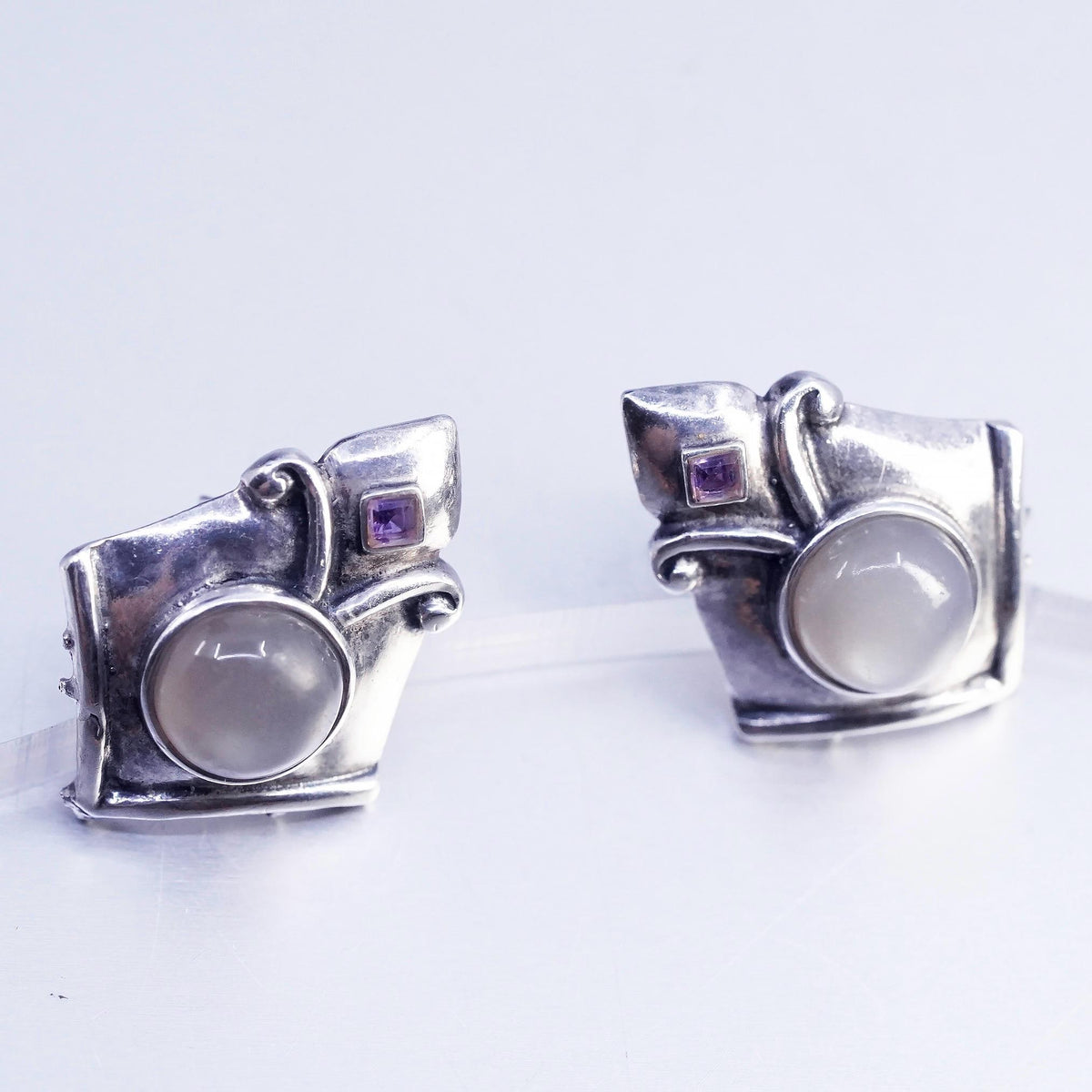 Vintage Sterling 925 silver handmade studs earrings white moonstone amethyst