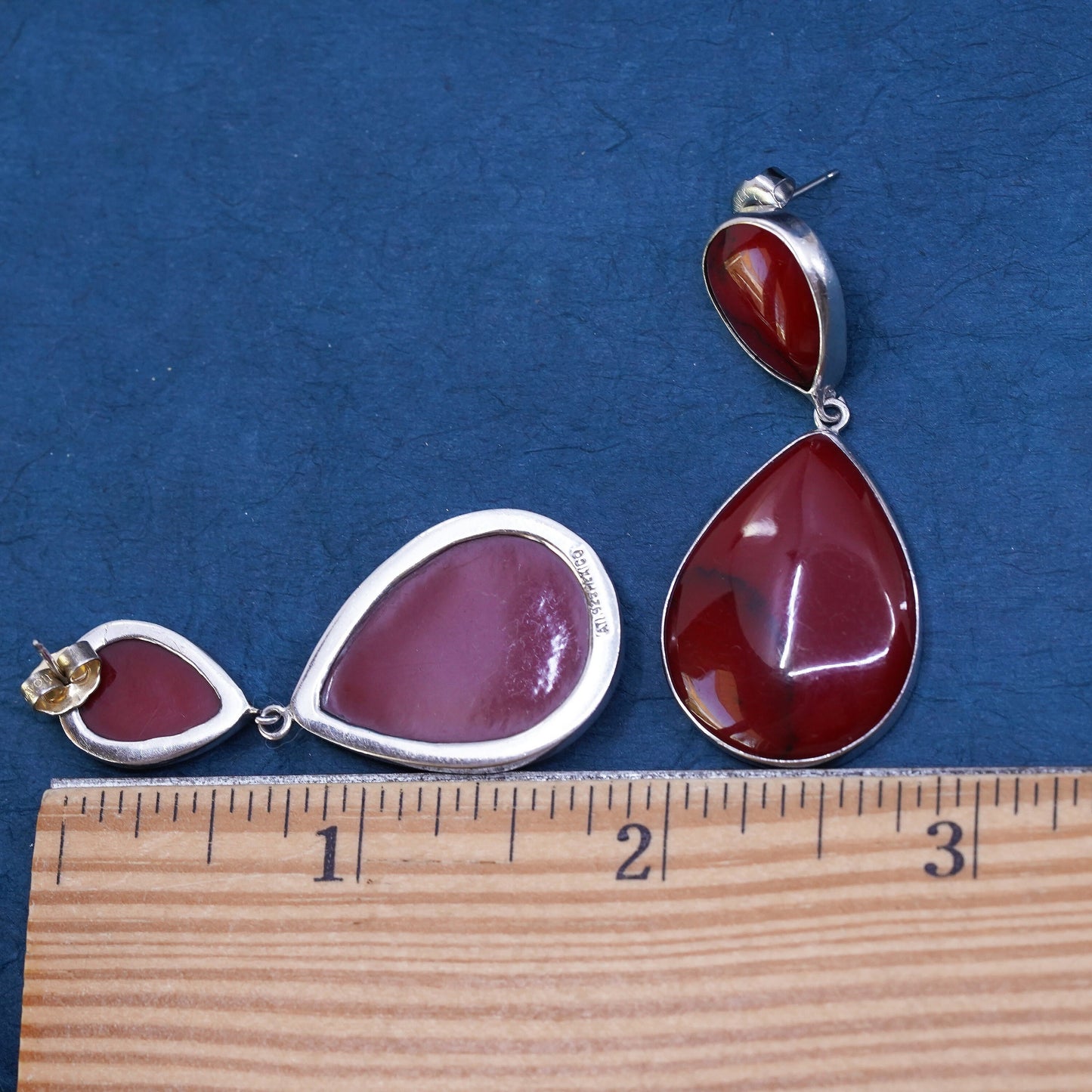 Vintage Sterling silver handmade earrings, 925 teardrop drops with red jasper