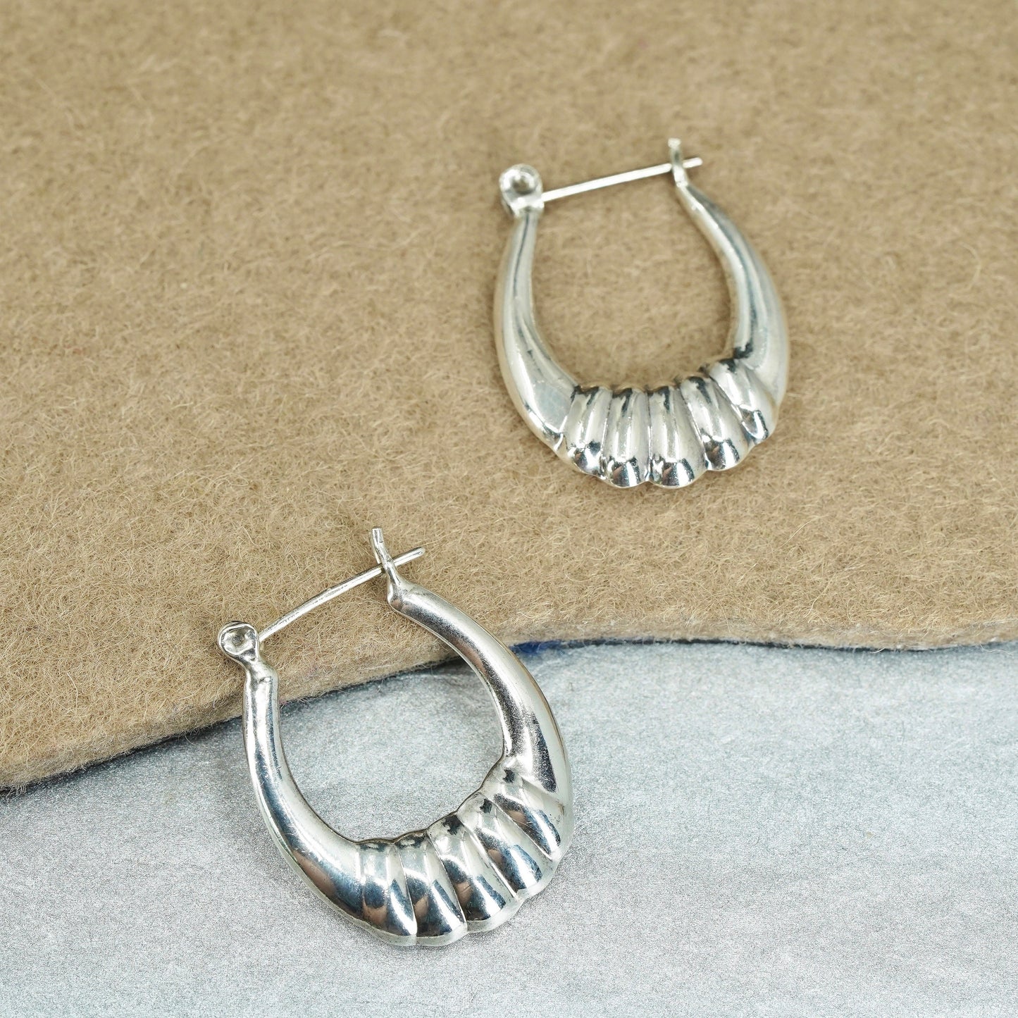 1.25”, vintage Sterling silver handmade earrings, oval 925 ribbed hoops