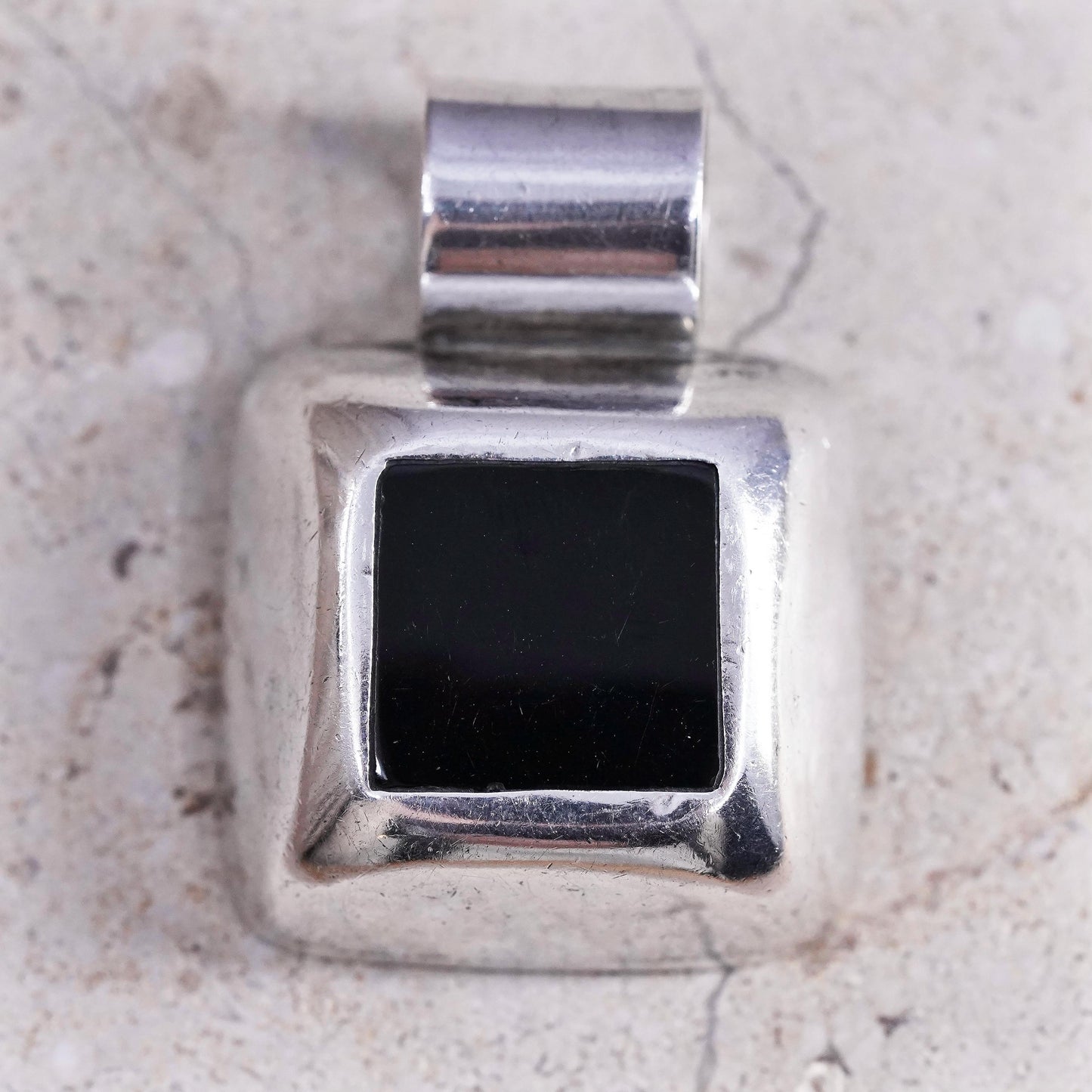Vintage Sterling 925 silver handmade square pendant with onyx