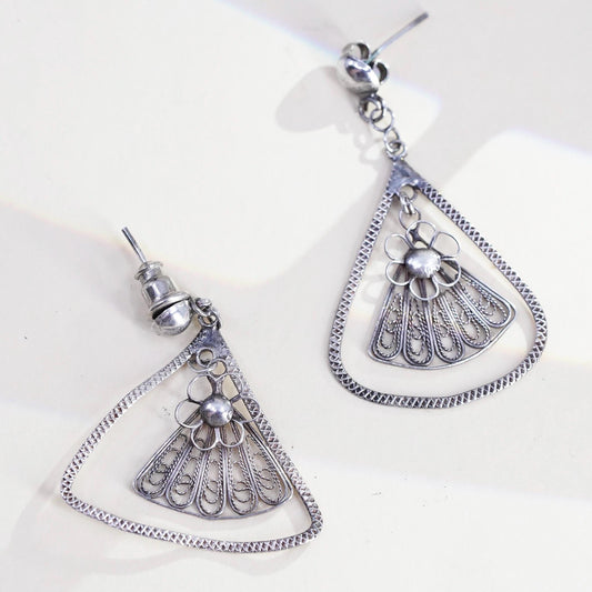 Vintage sterling silver handmade earrings, solid 925 flower filigree details
