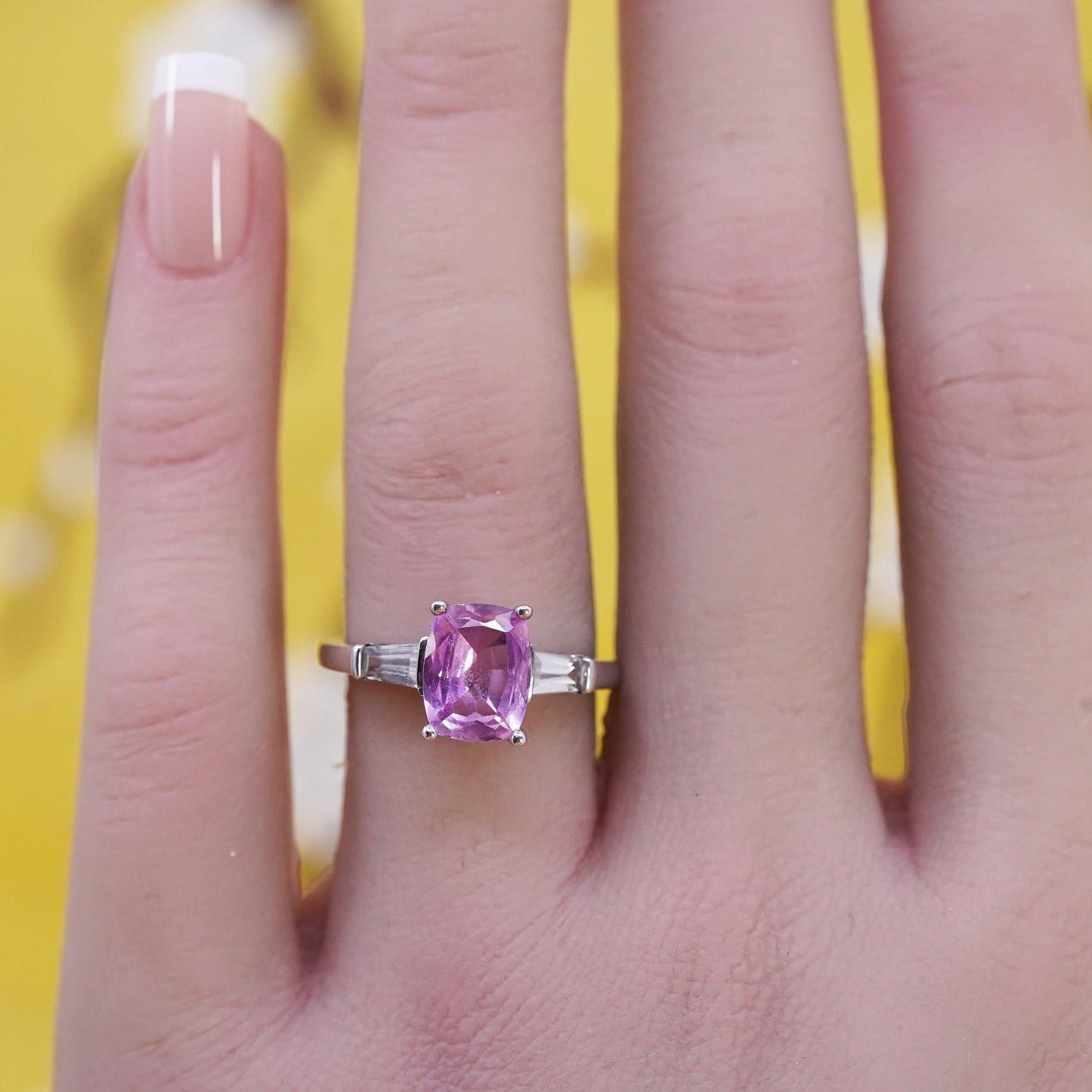 Size 7.25, vintage Sterling silver handmade ring, 925 band pink white sapphire